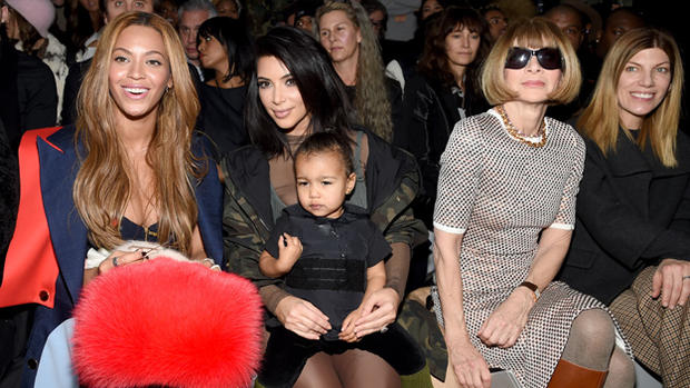 Kim Kardashian, Beyonce, North West, Anna Wintour at Adidas Fashion Show (Photo by Dimitrios Kambouris/Getty Images) 