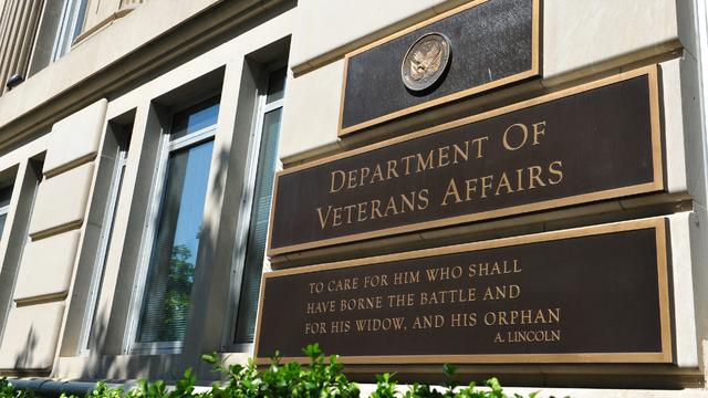 May 2014 photo shows sign in front of Veterans Affairs building in Washington, DC. 