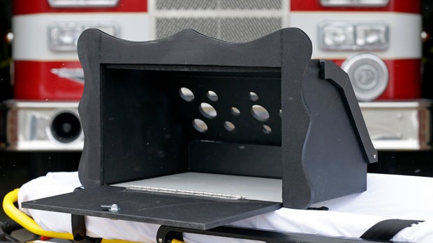 A prototype of a baby box, where parents could surrender their newborns anonymously, is shown outside the fire station in Woodburn, Ind., Feb. 26, 2015. 