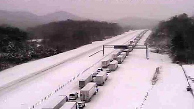 A still image from a Kentucky Transportation Cabinet camera shows a line of trucks stranded on Interstate 65 south of Louisville, Kentucky, March 5, 2015. 
