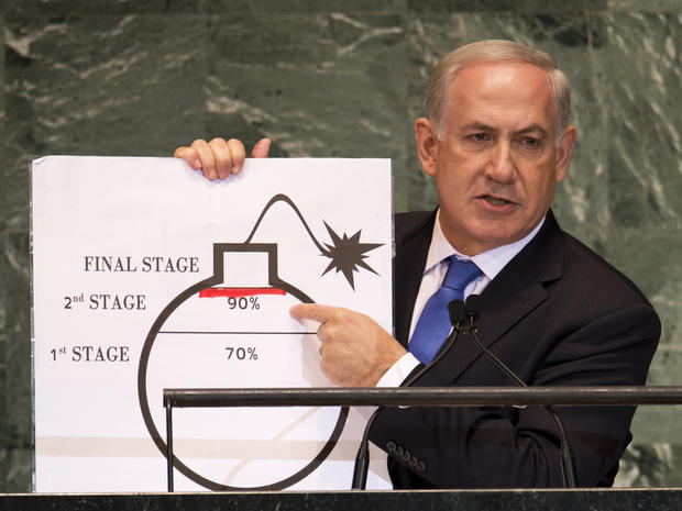 Israeli Prime Minister Benjamin Netanyahu uses a diagram of a bomb to describe Iran's nuclear program while delivering his address to the 67th United Nations General Assembly 