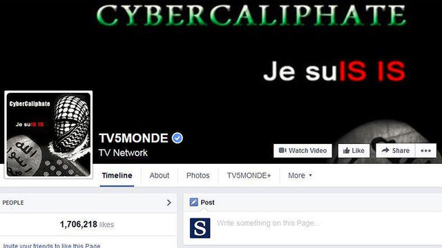 This screenshot provided by TV5 Monde, April 9, 2015, shows it's Facebook page hacked by people claiming allegiance to ISIS 