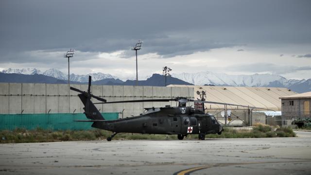 A Blackhawk helicopter with the US 159 Combat Aviation Brigade used for medevac missions is seen between missions at Bagram Airfield, northwest of Kabul 