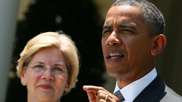 President Obama speaks during a news conference to announce his nomination of former Ohio Attorney General Richard Cordray, not pictured, as head of the Consumer Financial Protection Bureau while then-Special Adviser Elizabeth Warren listens in the Rose G 