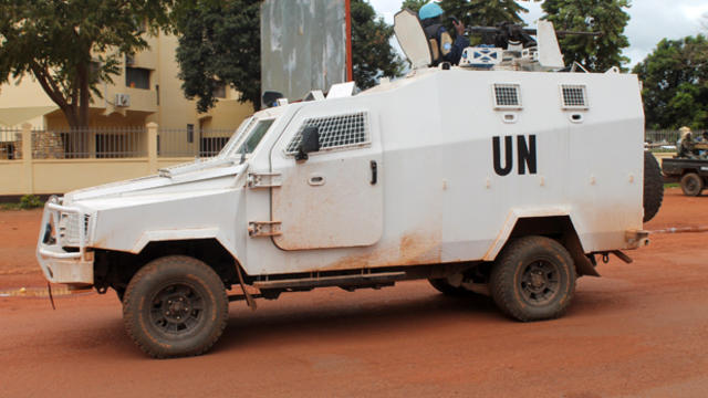 An armored vehicle of the U.N. peacekeeping mission in Central African Republic patrols in downtown Bangui Oct. 11, 2014. 