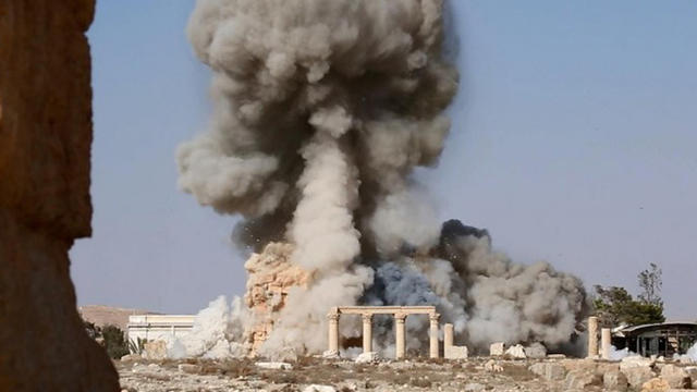 ​An image posted online by ISIS' branch in the Syrian province of Homs appears to show the destruction by explosives of the ancient temple of Baalshamin 