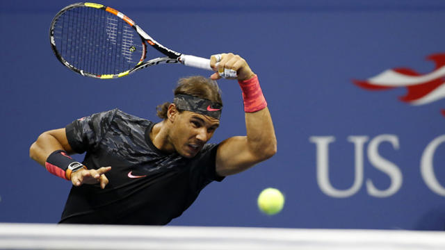 Rafael Nadal of Spain hits a forehand against Fabio Fognini of Italy, not pictured, on day five of the 2015 U.S. Open tennis tournament at USTA Billie Jean King National Tennis Center in New York Sept. 4, 2015. 