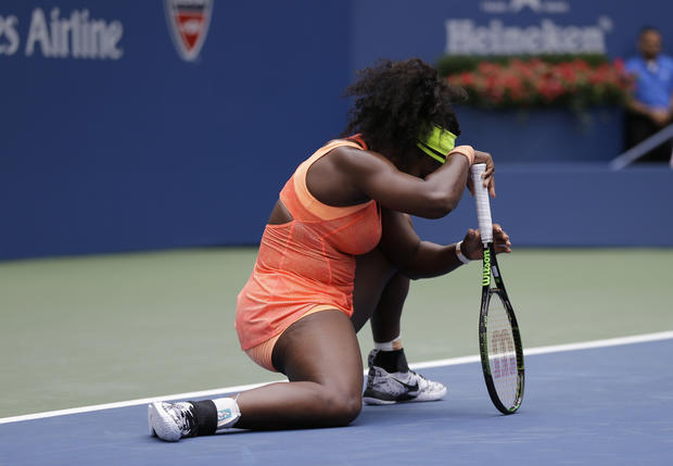​Serena Williams reacts after losing a point to Roberta Vinci, of Italy, during a semifinal match at the U.S. Open tennis tournament Sept. 11, 2015, in New York. 