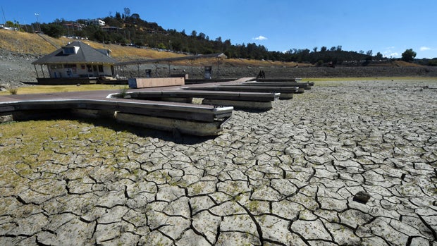 Boat docks sit empty on dry land as Folsom Lake reservoir near Sacramento stands at only 18 percent capacity as the severe drought continues in California Sept. 17, 2015. 
