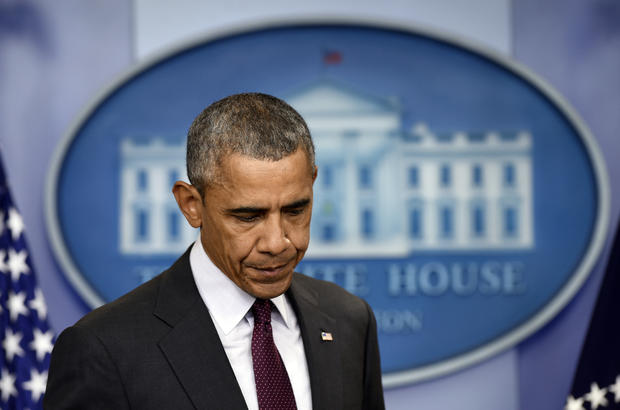 President Obama delivers a statement about the deadly shooting at Umpqua Community College in which he said, "Our thoughts and prayers are not enough," at the White House in Washington, D.C., Oct. 1, 2015. 