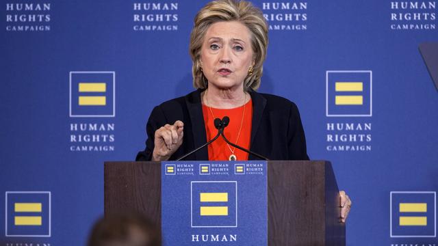 Democratic presidential candidate Hillary Clinton makes a point during a speech to supporters at the Human Rights Campaign Breakfast in Washington Oct. 3, 2015. 
