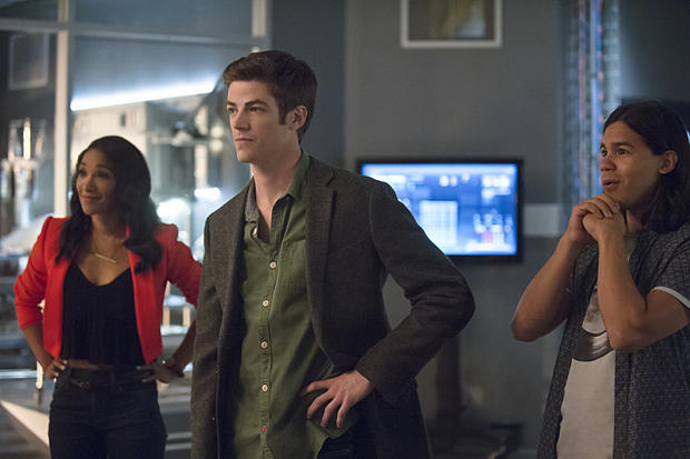 Candice Patton as Iris West, Grant Gustin as Barry Allen and Carlos Valdes as Cisco Ramon 
