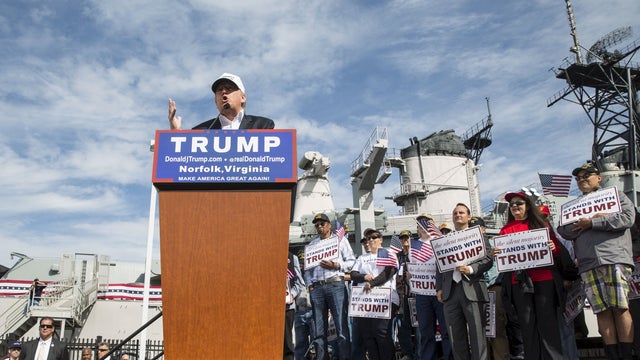 Republican presidential candidate Donald Trump speaks during a campaign rally at the USS Wisconsin battleship in Norfolk, Virginia, Oct. 31, 2015. 