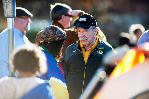 Chancellor R. Bowen Loftin speaks with Concerned Student 1950 supporter Ayanna Poole on November 8, 2015, as he meets with demonstrators camped out at the University of Missouri in Columbia 