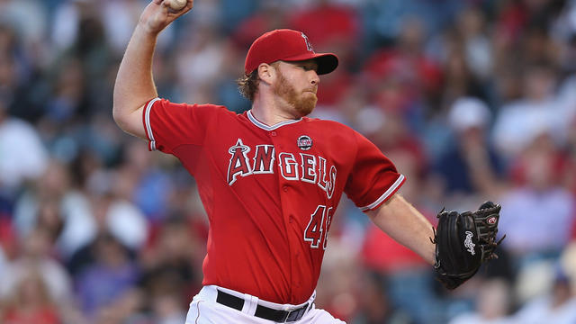 Tommy Hanson, #48 of the Los Angeles Angels, pitches against the Texas Rangers at Angel Stadium of Anaheim Aug. 7, 2013, in Anaheim, California. 