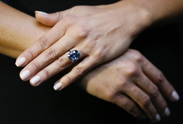 The rare "Blue Moon" diamond is displayed at Sotheby's auction rooms in London Sept. 17, 2015. 