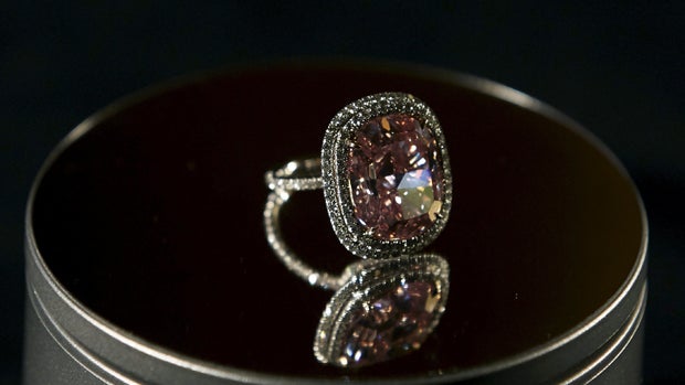 A cushion-shaped 16.08-carat vivid pink diamond is pictured at Christie's auction house in Geneva, Switzerland, Oct. 30, 2015. 