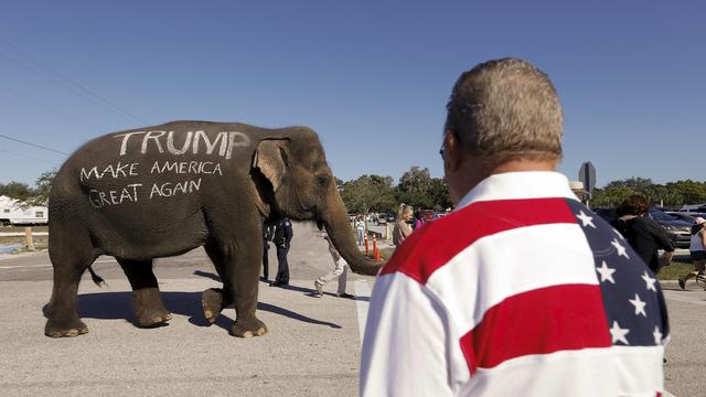 Republican presidential candidate Donald Trump supporters parade an elephant in front of a rally in Sarasota, Florida, Nov. 28, 2015. 