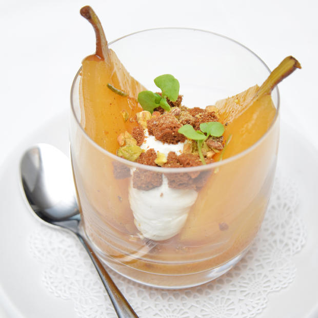 Poached Pear in Spiced Orange Juice FIG &amp; OLIVE and 