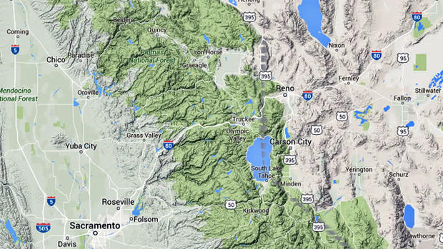 Google Map Shows Northern Section of Sierra Nevada Mountain Range 