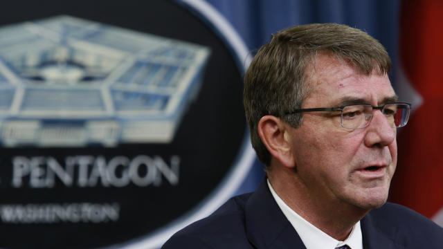 Defense Secretary Ash Carter speaks during a joint briefing with British Defence Minister Michael Fallon at the Pentagon in Washington, D.C., Dec. 11, 2015. 