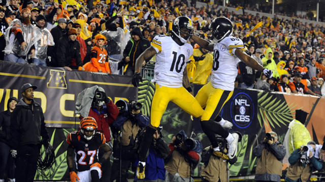 Pittsburgh Steelers wide receiver Martavis Bryant, No. 10, and wide receiver Darrius Heyward-Bey, No. 88, celebrate after a touchdown during the third quarter against the Cincinnati Bengals in the AFC Wild Card playoff football game at Paul Brown Stadium  
