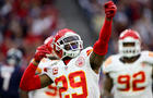 Kansas City Chiefs free safety Eric Berry, No. 29, reacts after intercepting a pass against the Houston Texans during the first quarter in a AFC Wild Card playoff football game at NRG Stadium in Houston Jan. 9, 2016. 