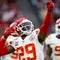 Kansas City Chiefs free safety Eric Berry, No. 29, reacts after intercepting a pass against the Houston Texans during the first quarter in a AFC Wild Card playoff football game at NRG Stadium in Houston Jan. 9, 2016. 