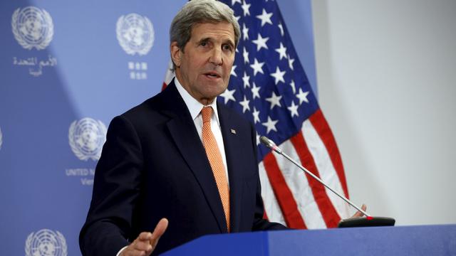 U.S. Secretary of State John Kerry delivers a statement that sanctions will be lifted on Iran after the International Atomic Energy Agency (IAEA) verified that Iran has met all conditions under the nuclear deal, in Vienna Jan. 16, 2016. 