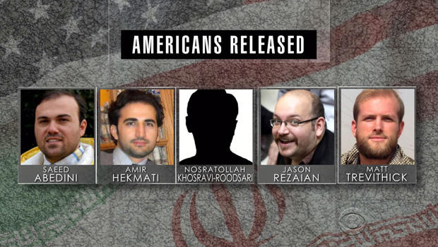 From left to right, pastor Saeed Abedini, former U.S. Marine Amir Hekmati, Washington Post reporter Jason Rezaian and American student Matthew Trevithick are seen in this photo combination. 