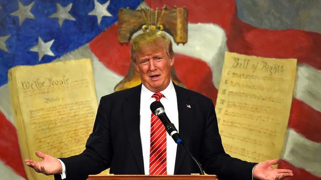 Republican presidential candidate Donald Trump speaks at the South Carolina Tea Party Convention at the Springmaid Beach Resort in Myrtle Beach, South Carolina, Jan. 16, 2016. 