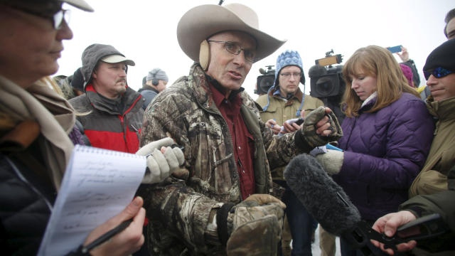 Arizona cattle rancher Robert "LaVoy" Finicum talks to the media at the Malheur National Wildlife Refuge near Burns, Oregon, Jan. 5, 2016. 