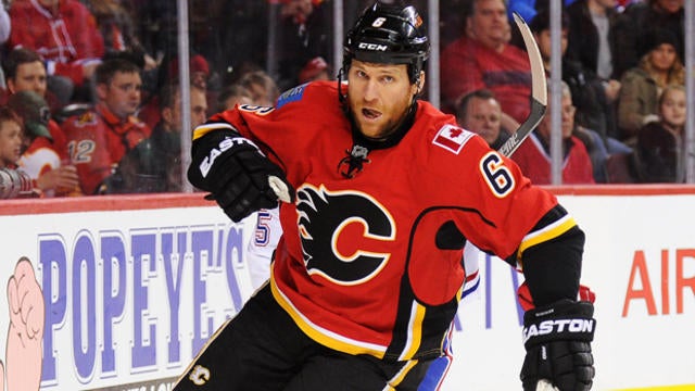 Dennis Wideman, No. 6 of the Calgary Flames, skates against the Montreal Canadiens during an NHL game at Scotiabank Saddledome on Oct. 30, 2015, in Calgary, Alberta. 