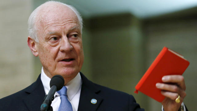 U.N. mediator for Syria Staffan de Mistura delivers a statement after the opening of the Syrian peace talks at the United Nations European headquarters in Geneva, Switzerland, Jan. 29, 2016. 