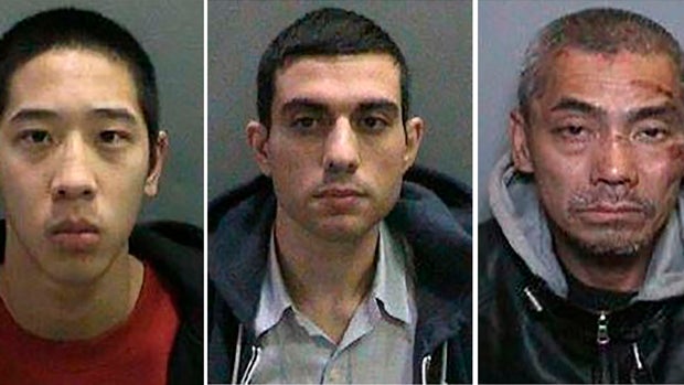 Inmates Jonathan Tieu, 20, Hossein Nayeri, 37, and Bac Duong, 43, left to right, are seen in an undated combination photo released by the Orange County, California, Sheriff's Department. 