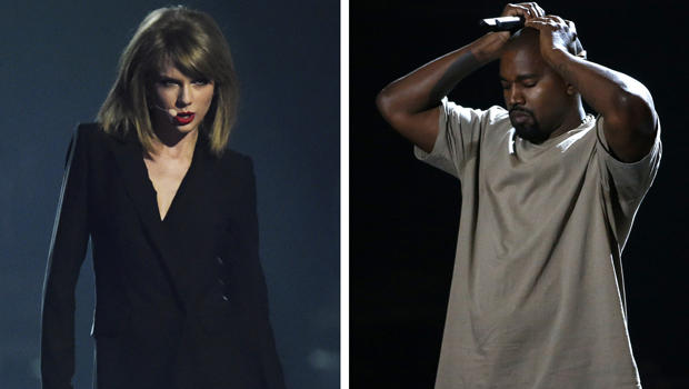 A combination photo shows singer Taylor Swift in Greenwich, London, on Feb. 25, 2015, and Kanye West in Los Angeles, California, on Aug. 30, 2015. 