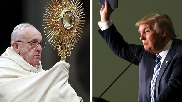 Pope Francis leads the First Vespers and Te Deum prayers in St. Peter's Basilica at the Vatican Dec. 31, 2015, and Republican presidential candidate Donald Trump holds up a copy of the Bible he said his mother gave him as a youth during a campaign rally i 