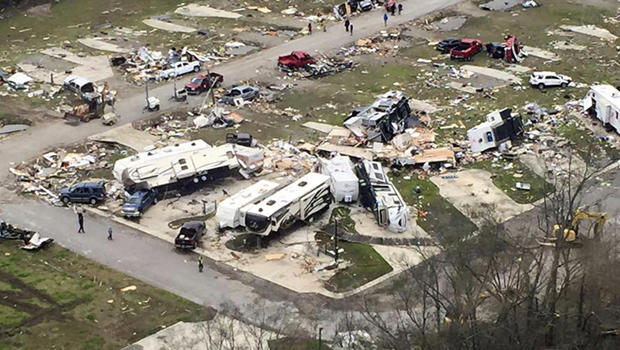Wreckage covers the grounds of a mobile home park a day after it was hit by a tornado in Convent, Louisiana, Feb. 24, 2016, in an aerial photo provided by the Louisiana Governor's Office of Homeland Security and Emergency Preparedness. 
