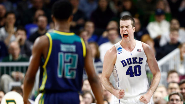 ​Duke University Blue Devils center Marshall Plumlee (40) reacts during the second half of a first round game against the UNC Wilmington Seahawks in the 2016 NCAA tournament at Dunkin Donuts Center in Providence, R.I., on March 17, 2016. 