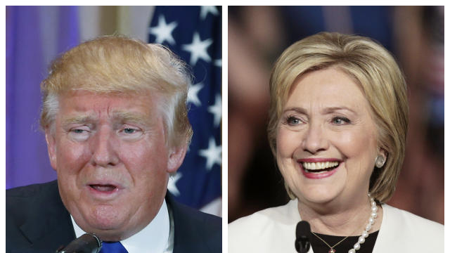 A combination photo shows Republican presidential candidate Donald Trump in Palm Beach, Florida, and Democratic presidential candidate Hillary Clinton in Miami, Florida, at their respective Super Tuesday primaries campaign events on March 1, 2016. 