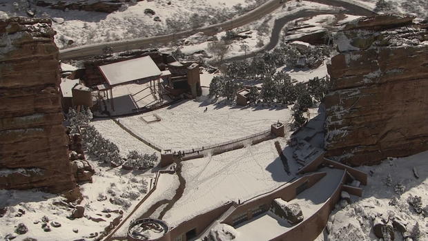 snow covered red rocks 