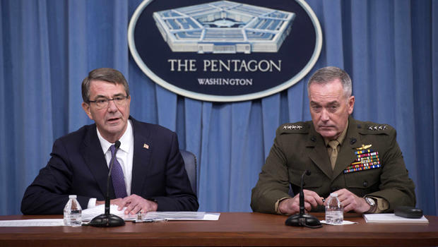 U.S. Secretary of Defense Ash Carter, left, and Chairman of the Joint Chiefs of Staff Gen. Joseph Dunford speak to press about counter-ISIS operations at the Pentagon March 25, 2016. 