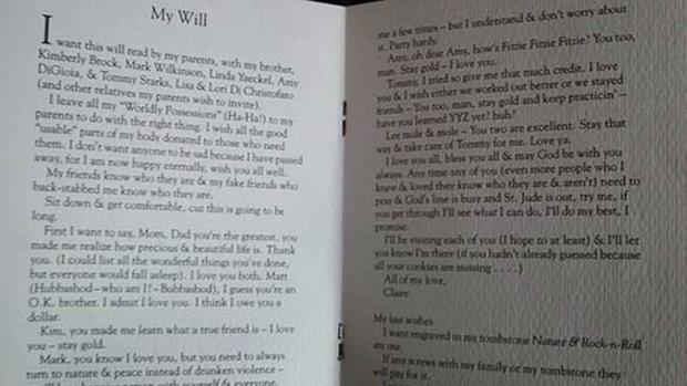 Claire Hough's will written as a teen 