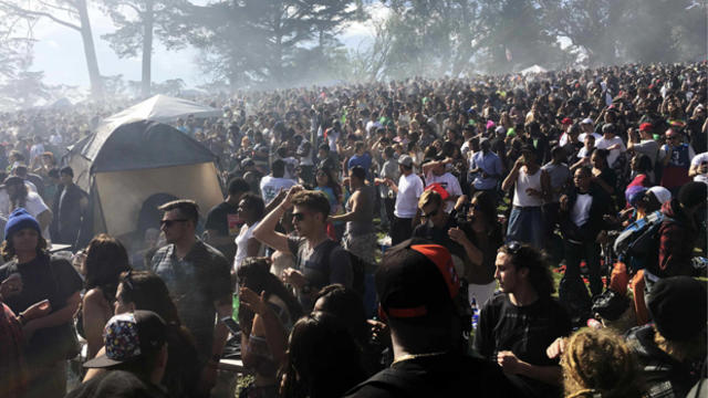 Thousands of marijuana enthusiasts gather on "Hippie Hill" in San Francisco's Golden Gate Park to light up joints, pipes and bongs in celebration of the annual but informal cannabis holiday named 4/20 in San Francisco, California, April 20, 2016. 