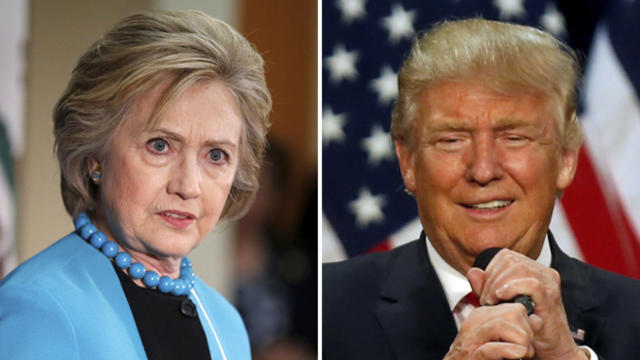 A combination photo shows Democratic presidential candidate Hillary Clinton and Republican presidential candidate Donald Trump in Los Angeles, California, on May 5, 2016, and in Eugene, Oregon, on May 6, 2016, respectively. 