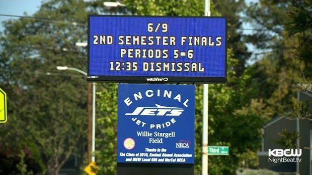 ​A sign for Encinal High School is seen in Alameda, California. 