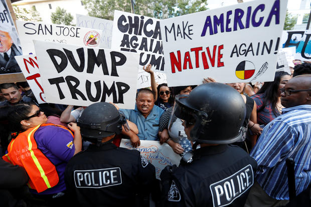 Protester chants during demonstration outside Donald Trump campaign rally in San Jose, California,  on June 2, 2016 