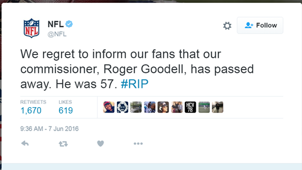 NFL's Twitter Account Hacked, Tweets Roger Goodell's Death 