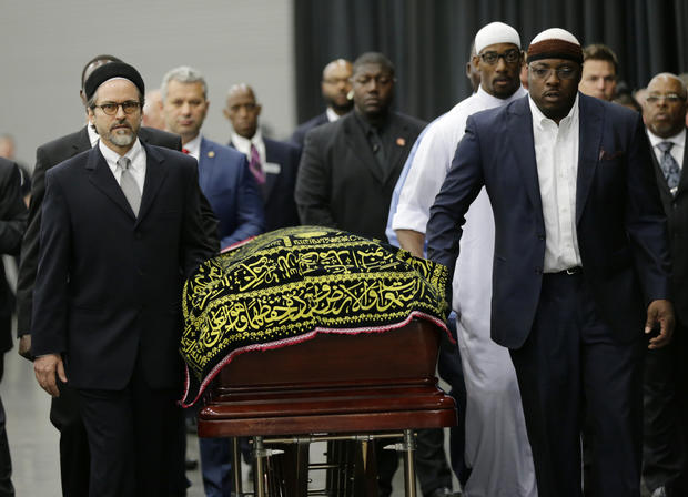 Muhammad Ali's casket arrives at Freedom Hall for his Jenazah, a traditional Islamic Muslim service, on June 9, 2016, in Louisville, Kentucky. 