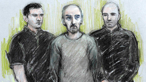 A court artist sketch by Elizabeth Cook shows Thomas Mair, center, appearing at Westminster Magistrates' Court in London June 18, 2016. 